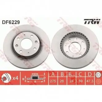 Диск тормозной (1 шт.) KIA Cerato \'\'F D=275mm "04>> TRW DF6229