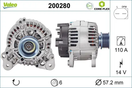 Генератор (14В, 110А, відновлений) AUDI A1, A3, SEAT ALTEA, ALTEA XL, IBIZA IV, IBIZA IV SC, IBIZA IV ST, IBIZA IV/HATCHBACK, LEON, TOLEDO III, TOLEDO IV, SKODA FABIA II 1.0-3.6 02.03- Valeo 200280