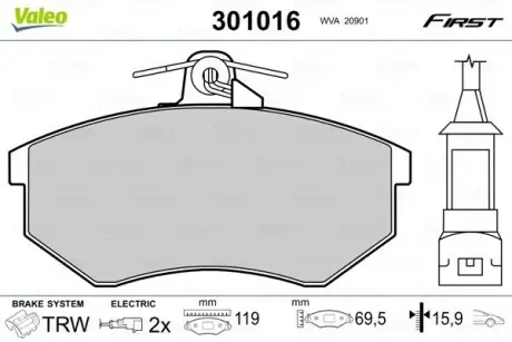Тормозные колодки VW P. GOLF/PASSAT/VENTO 86-98 Valeo 301016