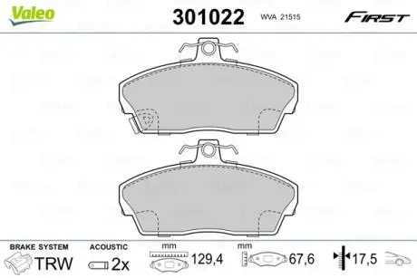 Тормозные колодки дисковые HONDA/ROVER Civic/Concerto/25/45/200/400/800/Streetwise "1,1-2,7 "F "88-05 Valeo 301022