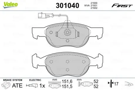 Тормозные колодки FIAT P. BRAVO/BRAVA/MAREA 95-02 Valeo 301040