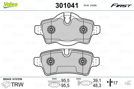 Тормозные колодки дисковые MINI Cooper/Clubman/Clubvan/Roadster "1,4-2,0 "R "06-15 Valeo 301041