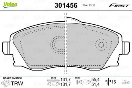 Тормозные колодки дисковые OPEL Combo/CorsaC/Meriva/Tigra "1,0-1,8 "F "00-10 Valeo 301456 (фото 1)