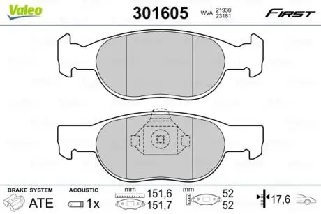 Тормозные колодки FIAT P. PUNTO 1,2 16V 99- Valeo 301605