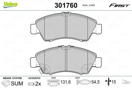 Гальмівні колодки дискові HONDA Civic/Jazz/Logo "1,2-1,6 "F "91-08 Valeo 301760