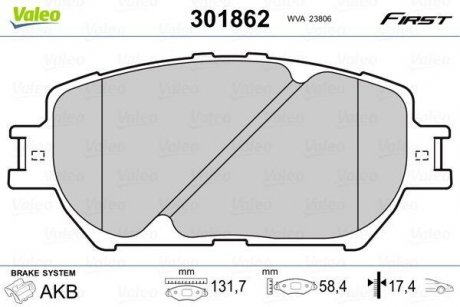 Тормозные колодки дисковые TOYOTA Camry "2,4-3,0 "F "01-06 Valeo 301862 (фото 1)