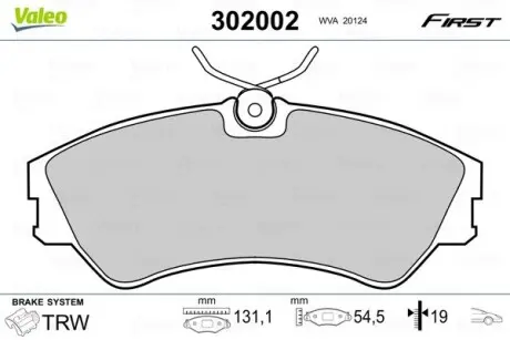 Тормозные колодки дисковые VW Transporter "F "90-03 Valeo 302002