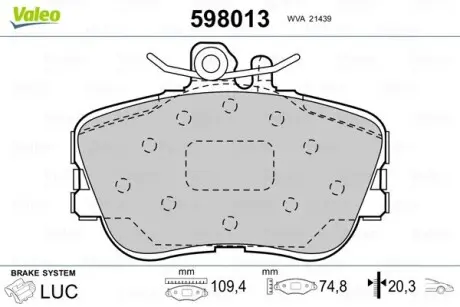Гальмівні колодки, дискове гальмо (набір) Valeo 598013