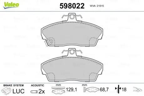 Гальмівні колодки, дискове гальмо (набір) Valeo 598022