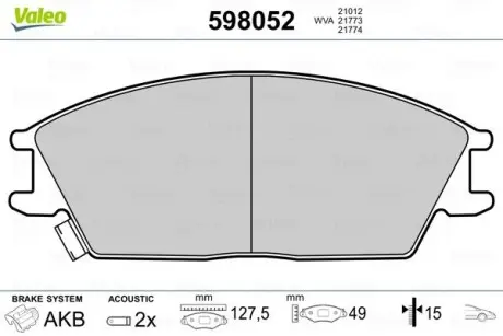 Гальмівні колодки, дискове гальмо (набір) Valeo 598052