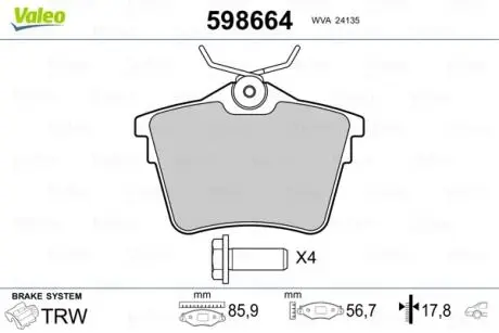 Гальмівні колодки, дискове гальмо (набір) Valeo 598664