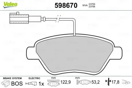 Гальмівні колодки, дискове гальмо (набір) Valeo 598670