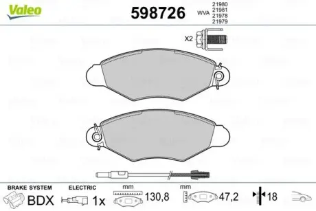 Гальмівні колодки, дискове гальмо (набір) Valeo 598726