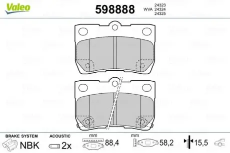 Гальмівні колодки, дискове гальмо (набір) Valeo 598888