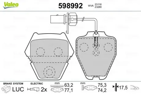 Гальмівні колодки, дискове гальмо (набір) Valeo 598992