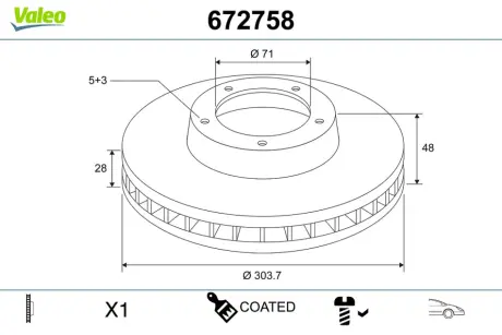 Диск тормозной (передний) Citroen Picasso II/ Peugeot 308/5008 13-/Opel Combo 18- (304x28) Valeo 672758