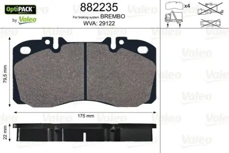 Тормозные колодки, WVA29122; 175x79, 5x22, без датчика износа Valeo 882235