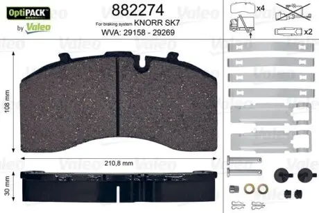 Тормозные колодки WVA 29158/29269; 210,2x107,8x30 Valeo 882274