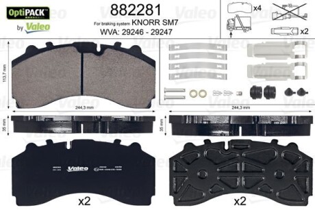 Тормозные колодки WVA 29246/29247; 244,3x113,7x35 Valeo 882281