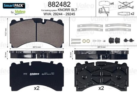 Тормозные колодки WVA 29244/29245; 207,3x113,7x35 Valeo 882482