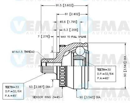 Шрус зовнішній AUDI A4 95-01, A6 97-04, SKODA SUPERB 02-08, VW PASSAT B5 97-05 VEMA 18644