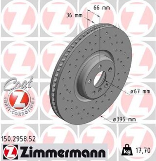 Диск тормозной (передний) BMW 5 (G30/F90)/7 (G11/G12)/X5 (G05/F95) 15- (395x36) (R) ZIMMERMANN 150.2958.52