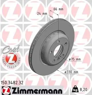 Диск тормозной (передний) BMW 5 (F10/F11) 10- (330x24) (с покрытием) (с отверстиями) (вентилированный)) ZIMMERMANN 150.3482.32