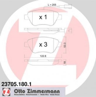 Тормозные колодки (передние) Fiat Doblo/Citroen Nemo/Peugeot Bipper 08- (Bendix-Bosch) (с датчиком) ZIMMERMANN 23705.180.1