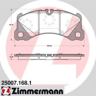 Тормозные колодки (передние) Porsche Cayenne/Panamera/Macan/VW Touareg 09- (Brembo) (210x94x17) ZIMMERMANN 25007.168.1 (фото 1)