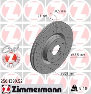 Диск тормозной (передний) Ford Focus 1.0/1.5 EcoBoost/2.0 EcoBlue 18- (308x27) PRO ZIMMERMANN 250139952 (фото 1)