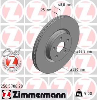 Диск тормозной (передний) Ford Transit Connect 1.5 EcoBlue 15- (320x25) ZIMMERMANN 250.5706.20 (фото 1)