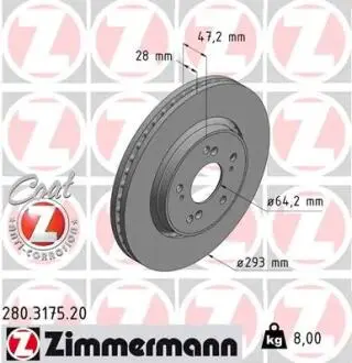 Диск тормозной (передний) Honda CR-V III-IV 2.0-2.2D-2.4 07-(293x28) (с покрытием) (вентилированный)) ZIMMERMANN 280.3175.20