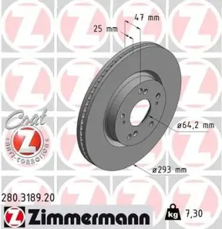 Диск тормозной (передний) Honda Civic IX R16 (293x25) (с покрытием) (вент) ZIMMERMANN 280.3189.20