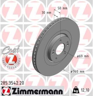 Диск тормозной (передний) Kia Sorento 15-/Hyundai Santa Fe 18-(340х30) ZIMMERMANN 285.3542.20