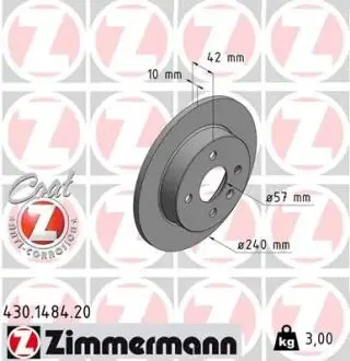 Диск тормозной (задний) Opel Astra G/H 98-/Meriva A 03- (240x10) (с покрытием) (полный)) ZIMMERMANN 430.1484.20