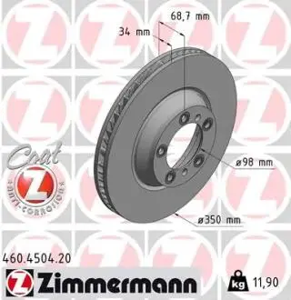 Диск тормозной (передний) Porsche Cayenne/Panamera 2.9/3.0/4.0 16- (L) (350x34) ZIMMERMANN 460.4504.20