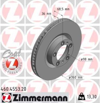 Диск тормозной (передний) Porsche Taycan 19-(360x36) (L) ZIMMERMANN 460.4553.20