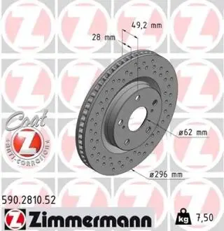 Диск гальмівний (передній) Toyota Auris 10-/Rav4 2.0-2.2 06- (296x28) ZIMMERMANN 590.2810.52