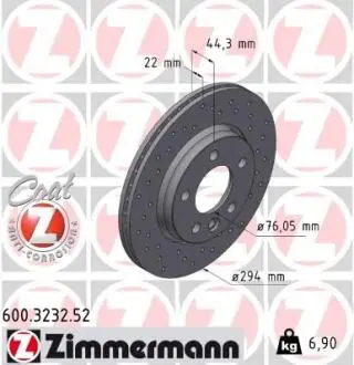 Диск тормозной (задний) VW T5 03-(294x22) (с покрытием) (с отверстием) (вентилированный)) ZIMMERMANN 600.3232.52