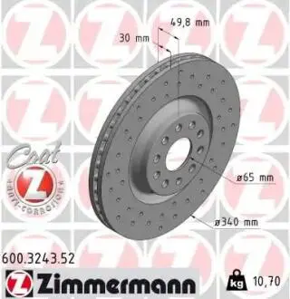 Диск тормозной (передний) Audi A3/Skoda Octavia/VW Golf 13-/Passat 08- (340x30)(с отверстие) (вент) ZIMMERMANN 600.3243.52